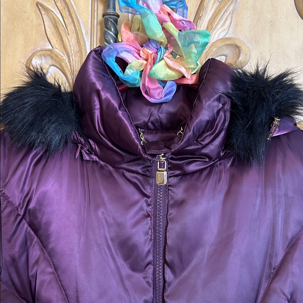 laundry By Shelli Segal Puffer Jacket with Faux Fur Deep Purple & Black - Picture 5 of 13